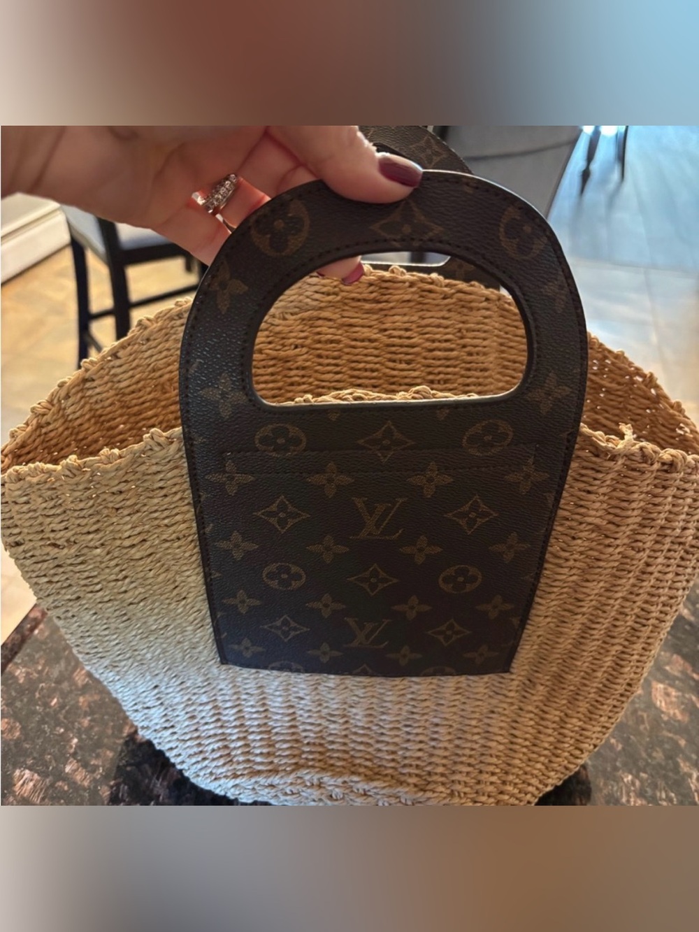 Louis Vuitton Upcycled Brown Monogram Straw Tote with Monogram Handle - Picture 2 of 4